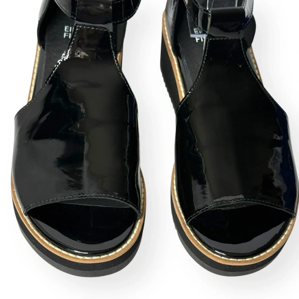 EILEEN FISHER Data Black Patent Ankle‎ Strap Wedge Sandals Size 7